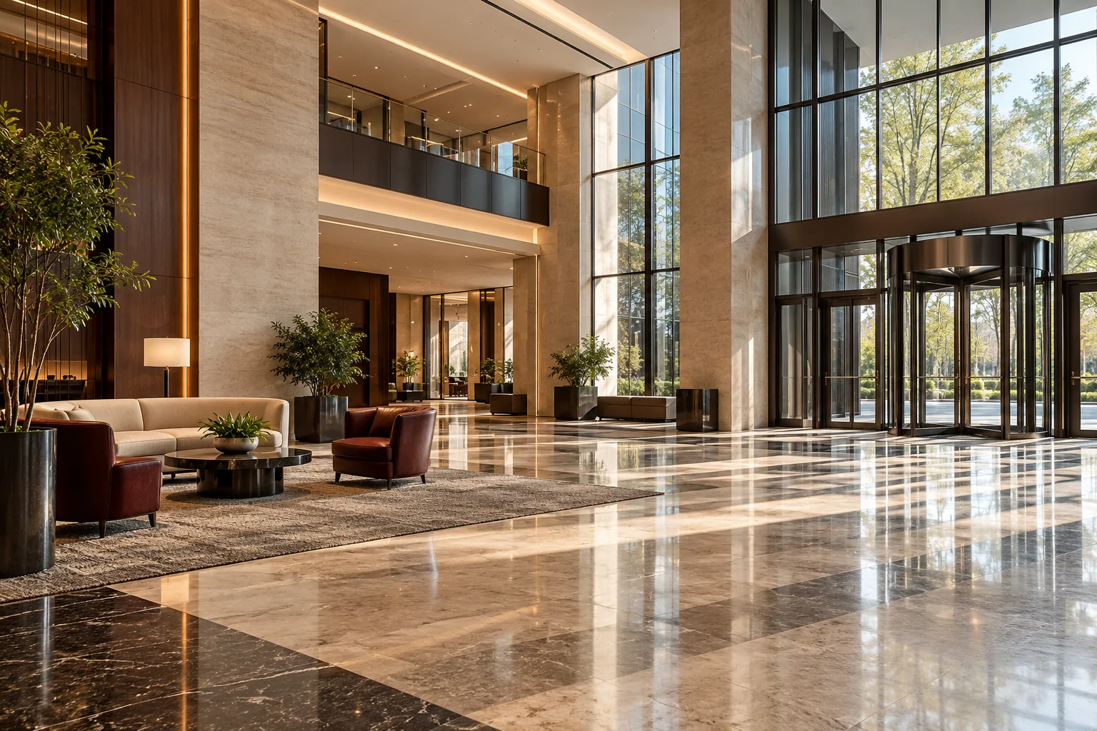 Office building lobby with entrance doors and seating, polished stone floor